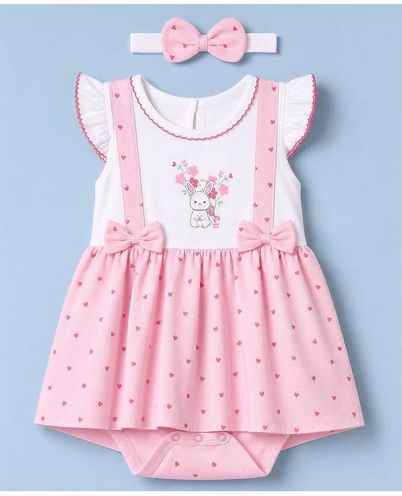 Babyhug 100% Cotton Interlock Knit Sleeveless Polka Dot & Bunny Printed Onesies With Hairband - Pink