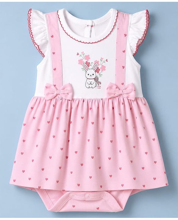 Babyhug 100% Cotton Interlock Knit Sleeveless Polka Dot & Bunny Printed Onesies With Hairband - Pink