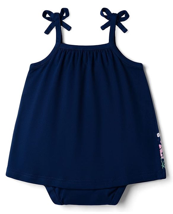Babyhug 100% Cotton Interlock Knit Sleeveless Frock Style Onesies With Floral Print & Hairband - Navy Blue
