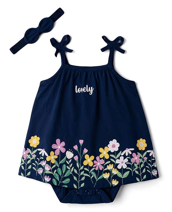 Babyhug 100% Cotton Interlock Knit Sleeveless Frock Style Onesies With Floral Print & Hairband - Navy Blue