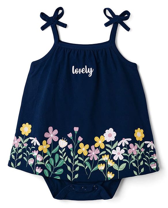 Babyhug 100% Cotton Interlock Knit Sleeveless Frock Style Onesies With Floral Print & Hairband - Navy Blue