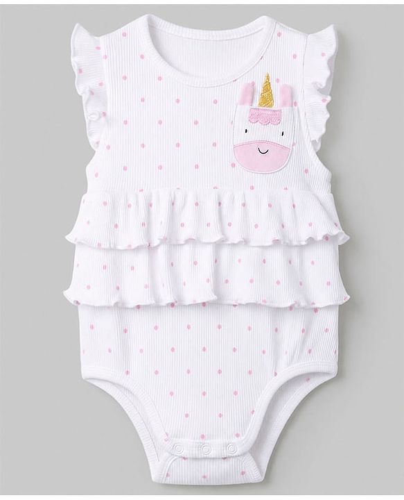 Babyhug 100% Cotton Rib Knit Sleeveless Frock Style Onesie With Polka Dots Print & Animal Applique - White & Pink