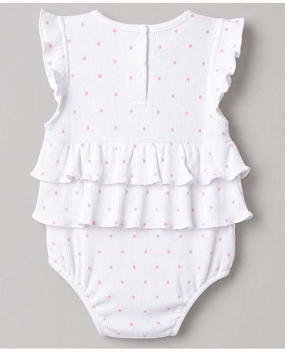 Babyhug 100% Cotton Rib Knit Sleeveless Frock Style Onesie With Polka Dots Print & Animal Applique - White & Pink