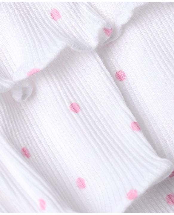 Babyhug 100% Cotton Rib Knit Sleeveless Frock Style Onesie With Polka Dots Print & Animal Applique - White & Pink