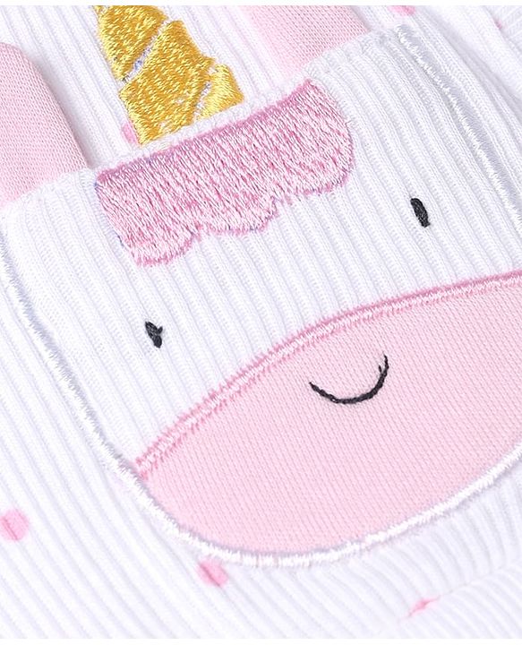 Babyhug 100% Cotton Rib Knit Sleeveless Frock Style Onesie With Polka Dots Print & Animal Applique - White & Pink