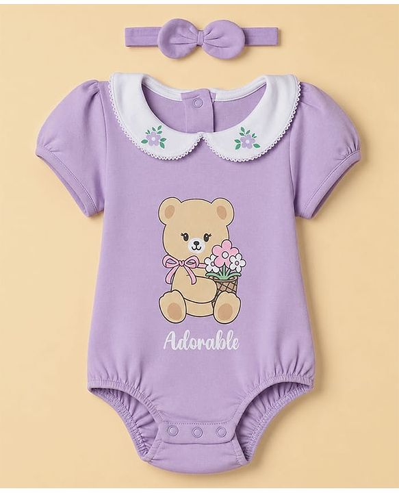 Babyhug 100% Cotton Interlock Knit Half Sleeves Teddy Bear & Floral Printed Onesie With Hairdband - Purple