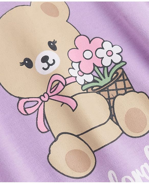Babyhug 100% Cotton Interlock Knit Half Sleeves Teddy Bear & Floral Printed Onesie With Hairdband - Purple