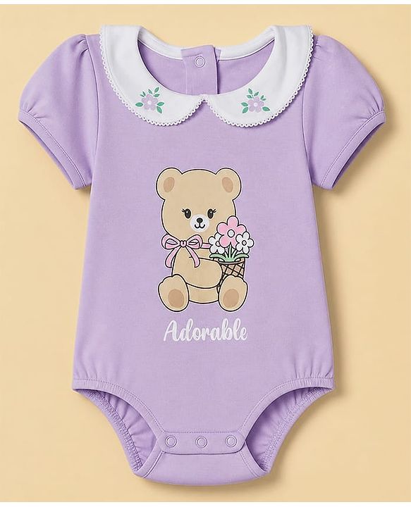 Babyhug 100% Cotton Interlock Knit Half Sleeves Teddy Bear & Floral Printed Onesie With Hairdband - Purple