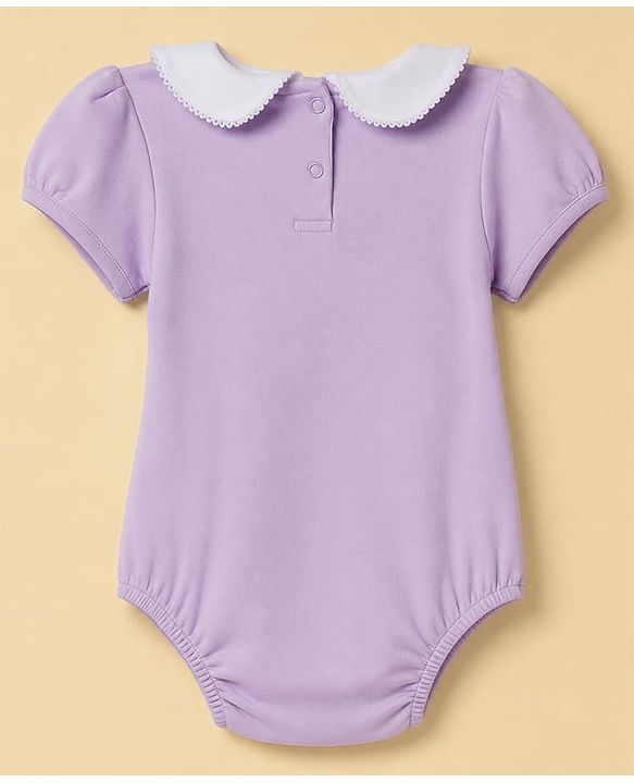 Babyhug 100% Cotton Interlock Knit Half Sleeves Teddy Bear & Floral Printed Onesie With Hairdband - Purple