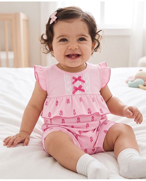 Babyhug 100% Cotton Interlock Knit Half Sleeves Romper With Floral Print & Bow Applique - Pink