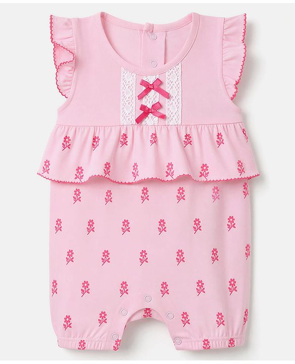 Babyhug 100% Cotton Interlock Knit Half Sleeves Romper With Floral Print & Bow Applique - Pink