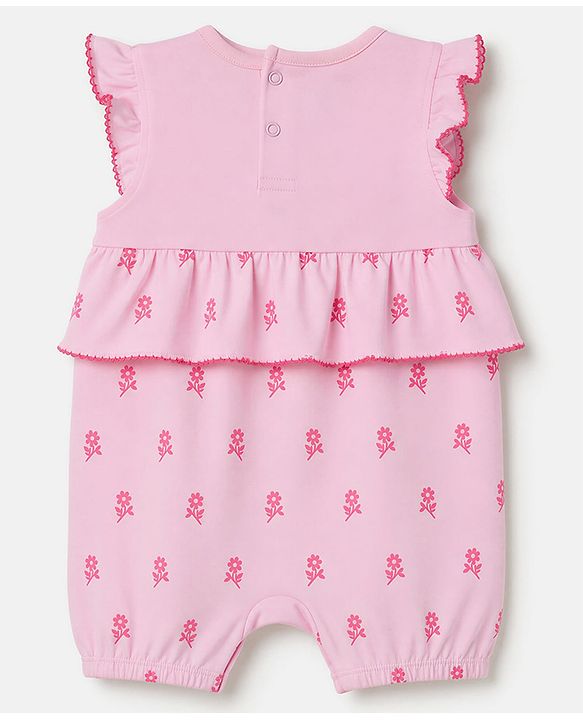 Babyhug 100% Cotton Interlock Knit Half Sleeves Romper With Floral Print & Bow Applique - Pink