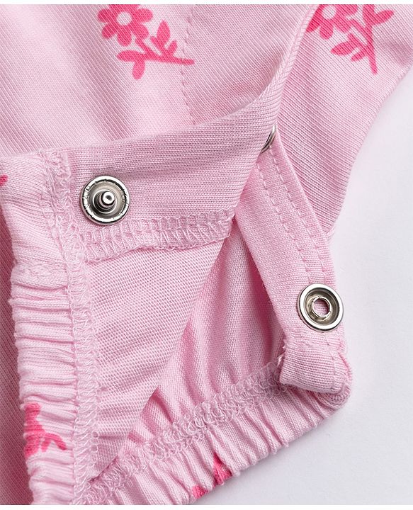 Babyhug 100% Cotton Interlock Knit Half Sleeves Romper With Floral Print & Bow Applique - Pink