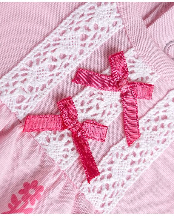 Babyhug 100% Cotton Interlock Knit Half Sleeves Romper With Floral Print & Bow Applique - Pink