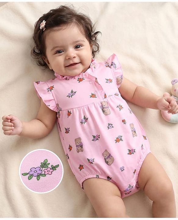 Babyhug 100% Cotton Interlock Knit Sleeveless Frill Detailing Onesies With Floral Print - Pink