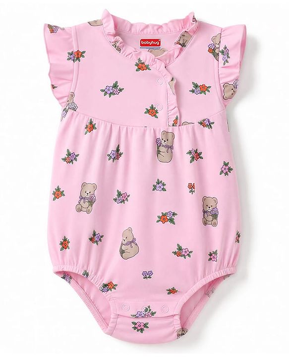 Babyhug 100% Cotton Interlock Knit Sleeveless Frill Detailing Onesies With Floral Print - Pink
