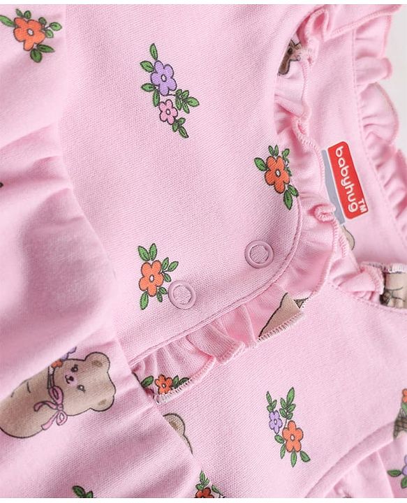 Babyhug 100% Cotton Interlock Knit Sleeveless Frill Detailing Onesies With Floral Print - Pink