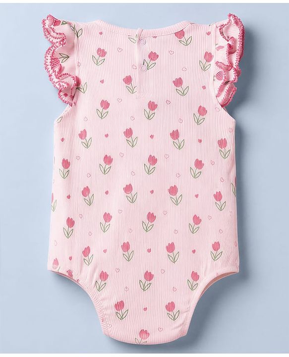 Babyhug 100% Cotton Knit Sleeveless Floral Printed Onesies With Hairband - Pink
