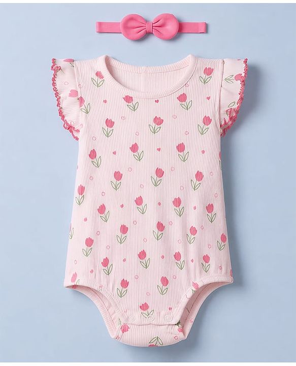 Babyhug 100% Cotton Knit Sleeveless Floral Printed Onesies With Hairband - Pink