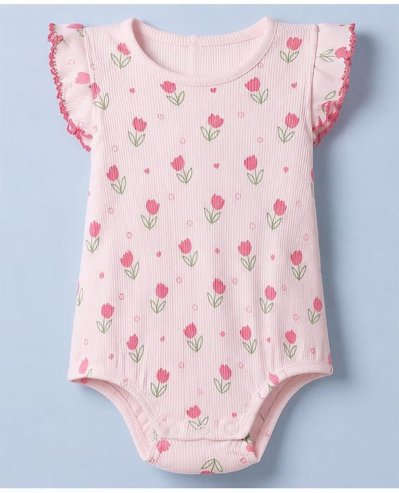 Babyhug 100% Cotton Knit Sleeveless Floral Printed Onesies With Hairband - Pink