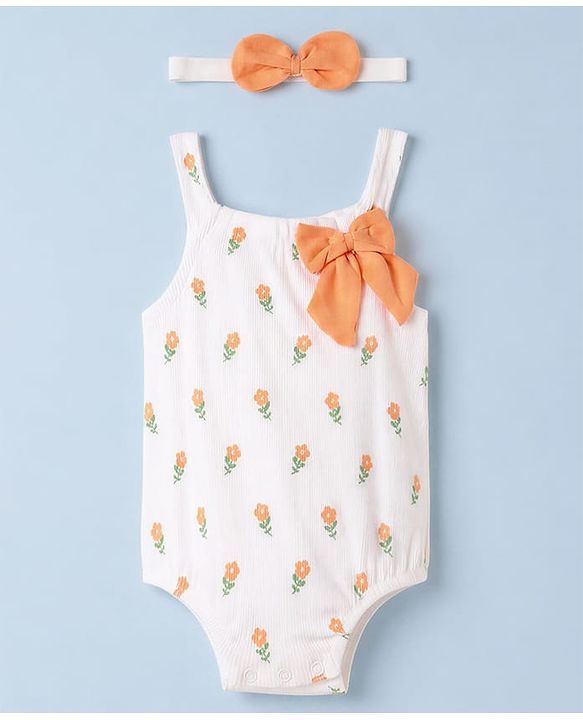 Babyhug 100% Cotton Knit Sleeveless Floral Printed Onesies With Hairband & Bow Applique- Orange