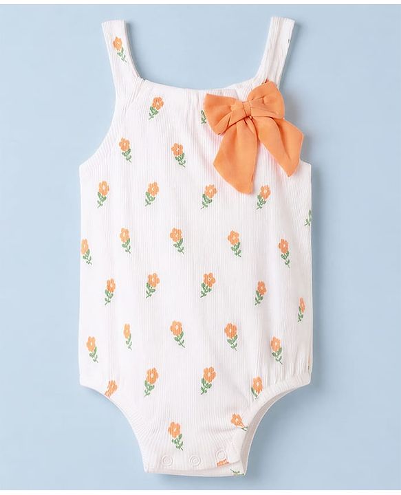 Babyhug 100% Cotton Knit Sleeveless Floral Printed Onesies With Hairband & Bow Applique- Orange