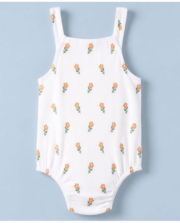 Babyhug 100% Cotton Knit Sleeveless Floral Printed Onesies With Hairband & Bow Applique- Orange