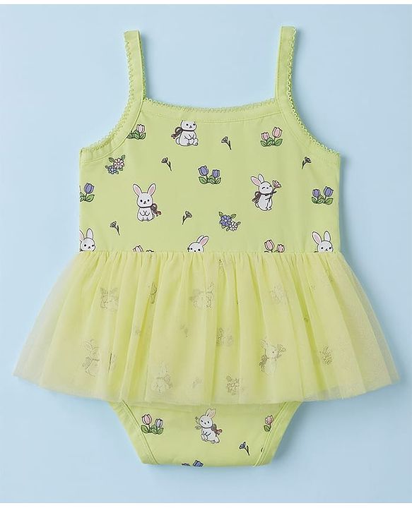 Babyhug 100% Cotton Single Jersey Knit Sleeveless Onesies With Floral Print - Lemon Yellow