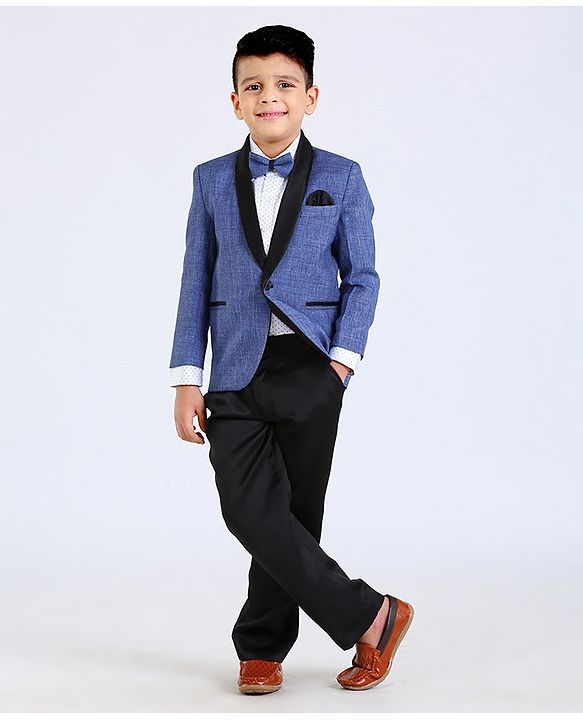 Babyhug Full Sleeves Three Piece Party Suit With Bow - Blue