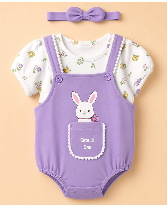 Babyhug 100% Cotton Interlock Knit Half Sleeves Onesies With Floral Printed T-shirt & Hairband - White