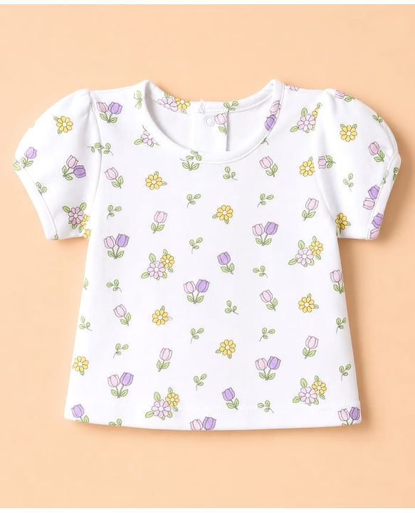 Babyhug 100% Cotton Interlock Knit Half Sleeves Onesies With Floral Printed T-shirt & Hairband - White