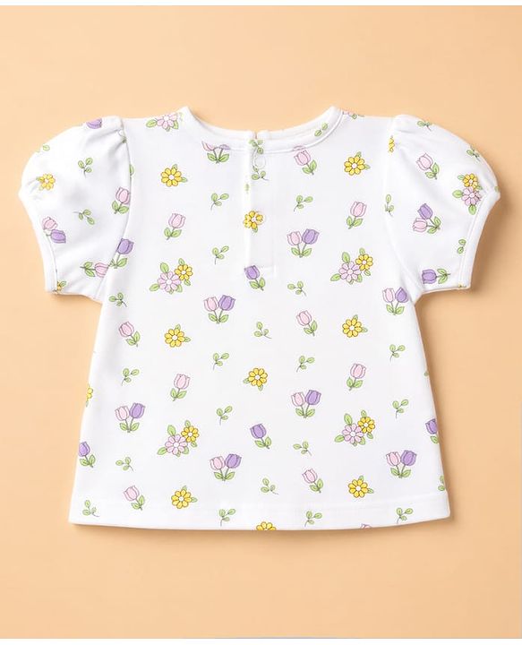 Babyhug 100% Cotton Interlock Knit Half Sleeves Onesies With Floral Printed T-shirt & Hairband - White