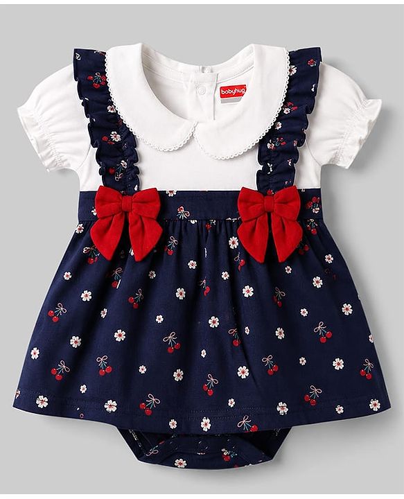Babyhug 100% Cotton Single Jersey Knit Half Sleeves Onesies With Floral Print & Bow Applique - Navy Blue