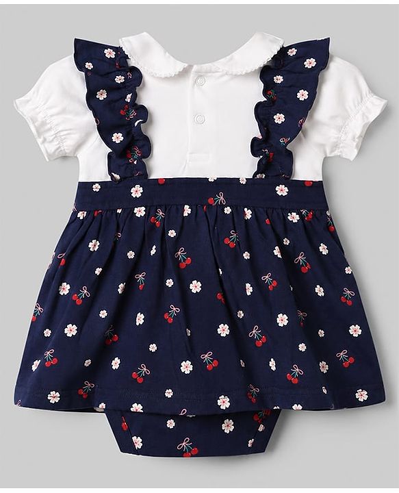 Babyhug 100% Cotton Single Jersey Knit Half Sleeves Onesies With Floral Print & Bow Applique - Navy Blue