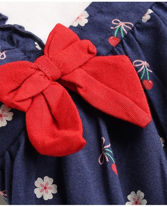 Babyhug 100% Cotton Single Jersey Knit Half Sleeves Onesies With Floral Print & Bow Applique - Navy Blue