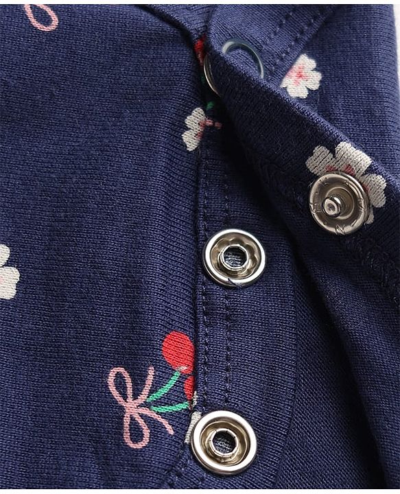 Babyhug 100% Cotton Single Jersey Knit Half Sleeves Onesies With Floral Print & Bow Applique - Navy Blue
