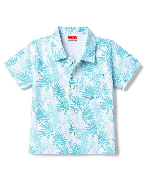 Babyhug 100% Cotton Single Jersey Knit Half Sleeves Shirt & Shorts Co-ords With Tropical Print - Light Blue