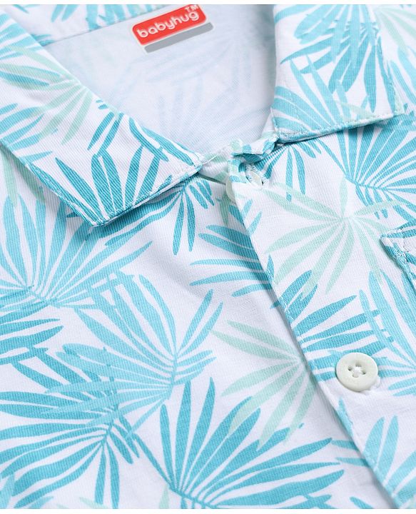 Babyhug 100% Cotton Single Jersey Knit Half Sleeves Shirt & Shorts Co-ords With Tropical Print - Light Blue
