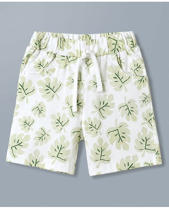 Babyhug 100% Cotton Single Jersey Knit Half Sleeves Leafy Printed Co-Ords Shirt & Shorts Set - White