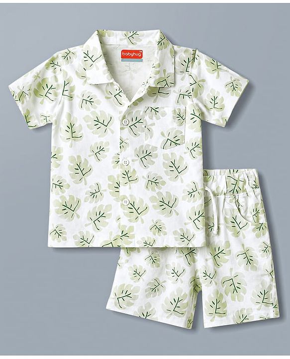 Babyhug 100% Cotton Single Jersey Knit Half Sleeves Leafy Printed Co-Ords Shirt & Shorts Set - White
