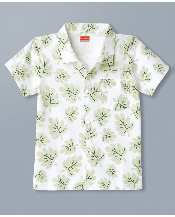 Babyhug 100% Cotton Single Jersey Knit Half Sleeves Leafy Printed Co-Ords Shirt & Shorts Set - White