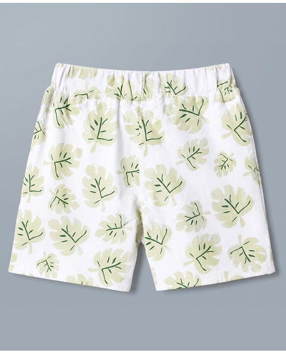 Babyhug 100% Cotton Single Jersey Knit Half Sleeves Leafy Printed Co-Ords Shirt & Shorts Set - White