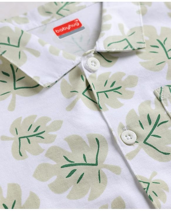 Babyhug 100% Cotton Single Jersey Knit Half Sleeves Leafy Printed Co-Ords Shirt & Shorts Set - White