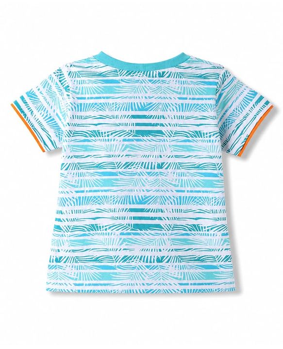 Babyhug Single Jersey Knit Half Sleeves Striped T-Shirt & Shorts Set With Tropical Print - Blue