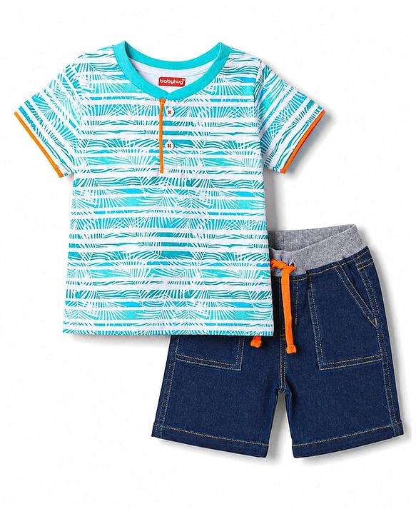 Babyhug Single Jersey Knit Half Sleeves Striped T-Shirt & Shorts Set With Tropical Print - Blue