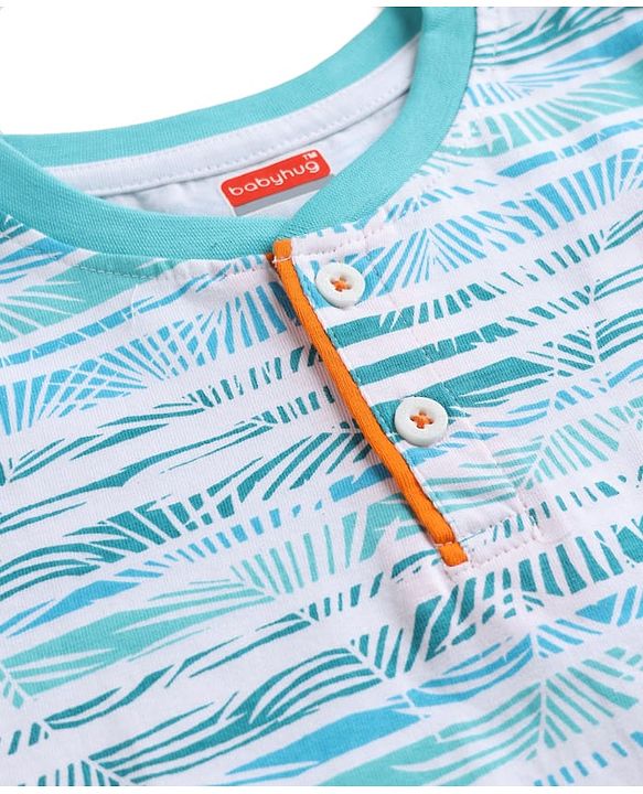 Babyhug Single Jersey Knit Half Sleeves Striped T-Shirt & Shorts Set With Tropical Print - Blue