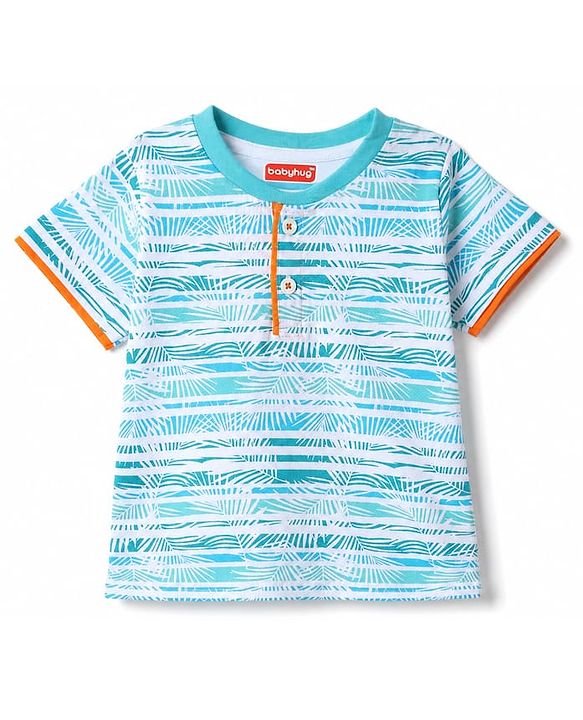 Babyhug Single Jersey Knit Half Sleeves Striped T-Shirt & Shorts Set With Tropical Print - Blue