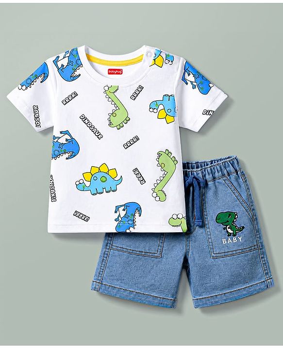 Babyhug Single Jersey Knit Half Sleeves T-Shirt & Shorts Set With Dino Print - White