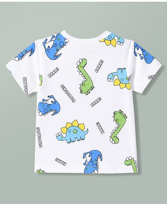 Babyhug Single Jersey Knit Half Sleeves T-Shirt & Shorts Set With Dino Print - White