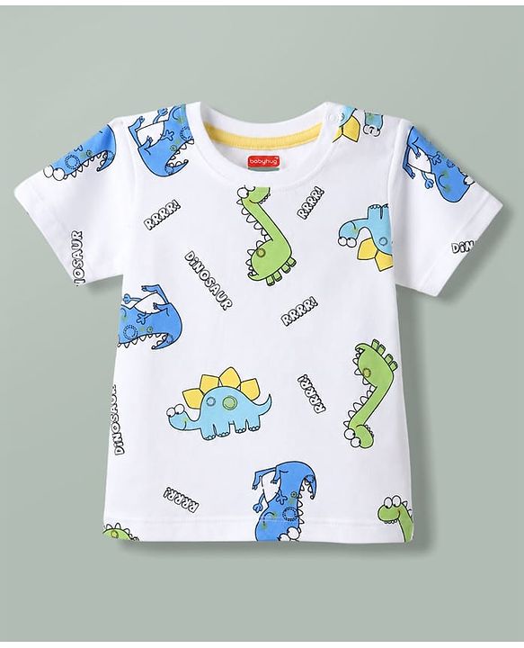 Babyhug Single Jersey Knit Half Sleeves T-Shirt & Shorts Set With Dino Print - White